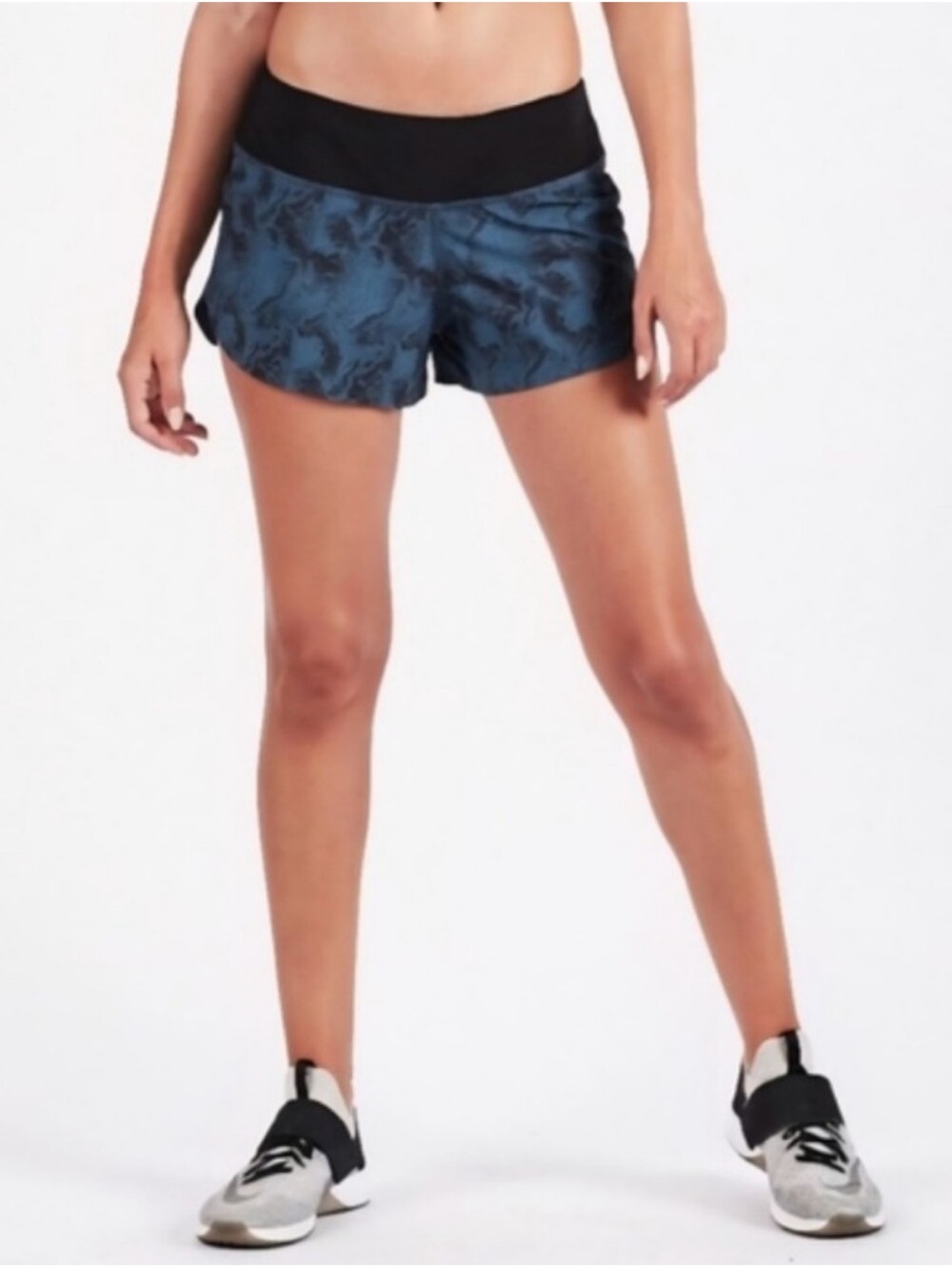 Vuori Women's Blue Patterned Athletic Shorts with Black Waistband